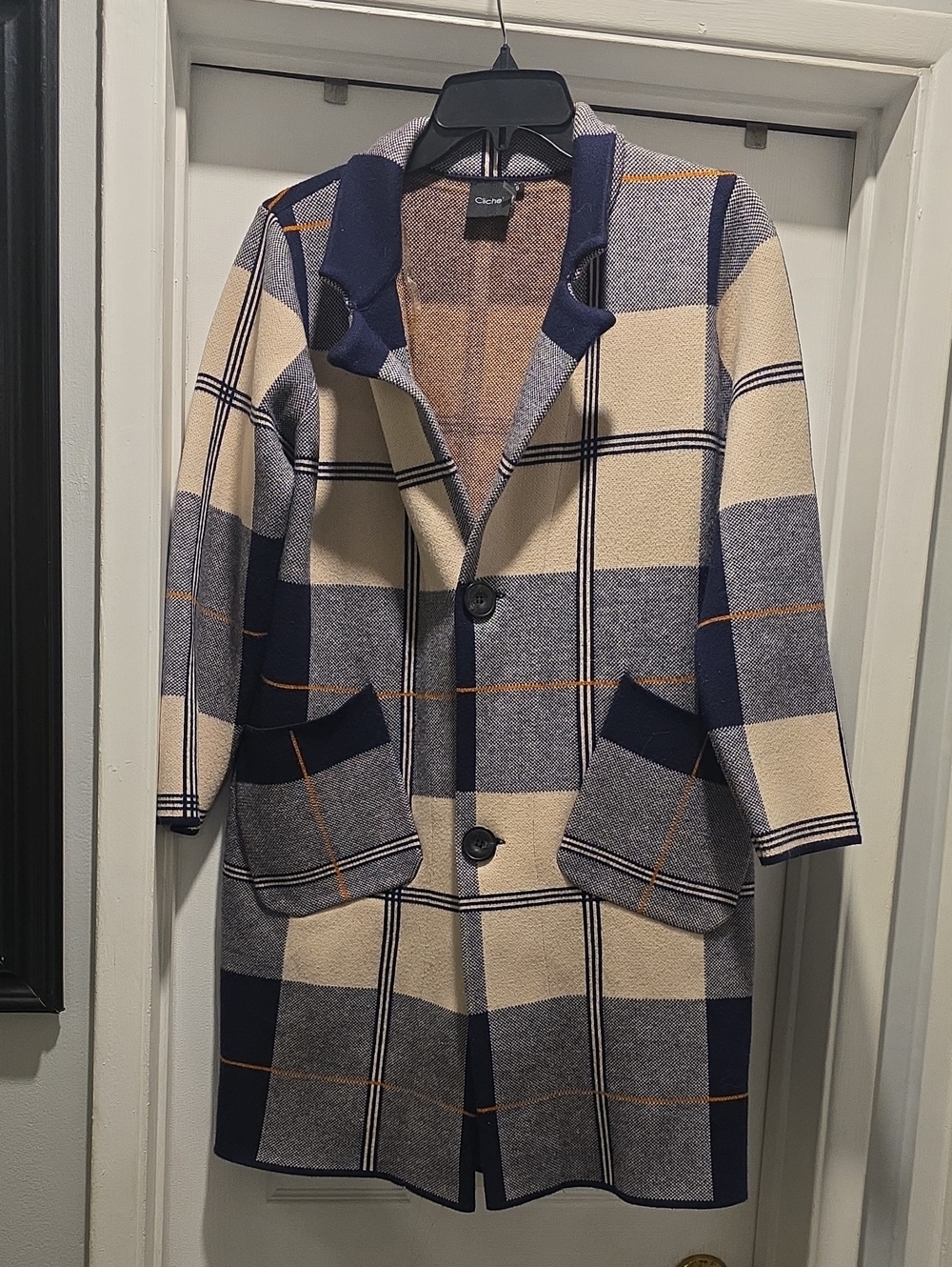 Chico's Navy, Cream & Gray Plaid Single-Breasted Pea Coat